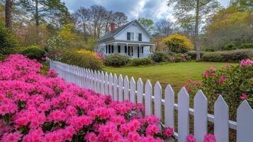 Beautiful pink azaleas blooming in front of white picket fence and charming house photo