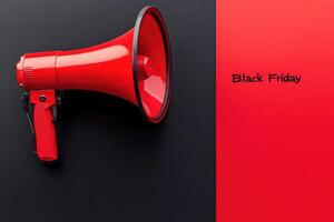 Red megaphone announcing black friday on red and black background photo