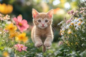 Adorable ginger kitten jumping in blooming summer garden photo