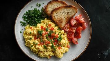 Plate of scrambled eggs topped with chives and served with toast and tomatoes photo