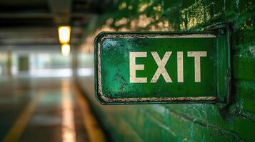 Old exit sign showing the way out of building photo
