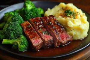 Sliced grilled steak served on plate with broccoli and mashed potatoes photo
