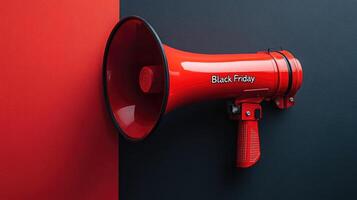 Red megaphone announcing black friday on red and black background photo