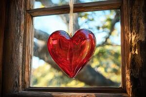 Red glass heart hanging in rustic wooden window frame with sunlight streaming through photo