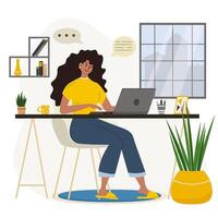Working at home flat style illustration. Coworking space illustration. Young woman working on laptop or computer at home. vector