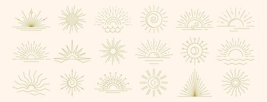 set of linear boho sunrise logo, sunset symbols and sun rays. Hand drawn sunburst, golden outline sunbeam line icons in minimal bohemian style. Mystic magic esoteric design elements collection vector