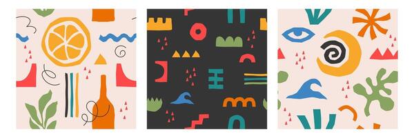 set of contemporary cards with abstract summer nature elements. Posters with organic geometric shapes, lines, leaves, doodle freeform objects. Modern hand drawn simple figures, decoration forms vector