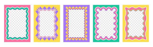 set of colorful rectangular frames with scallop edges. Squiggle photo borders with zig zag edge. Wiggly groovy shapes, funky geometric text box frameworks or curvy mirrors with jagged borders vector