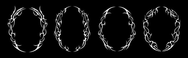 Neo tribal y2k frames set. Neotribal gothic style shape, futuristic abstract borders. Cyber sigilism vintage design elements. Celtic gothic body retro ornaments, emo oval forms for typography, tattoo vector