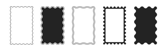 set of black rectangular undulate frames with scallop edges. Squiggle photo borders with jagged edge and blank space inside. Wiggly shapes template, funky geometric frameworks or curvy mirrors vector
