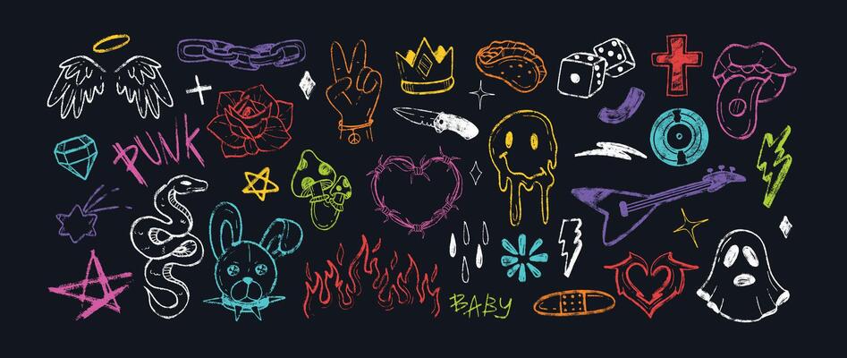 Charcoal graffiti doodle punk symbols. Hand drawn crayon colorful heavy metal stickers with melting face emoji, fly agaric, burning flame, gothic wire heart, dice, music plate. Chalk pencil rock icons