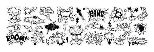 Doodle hand drawn bomb explosion with boom crash smoke effect. Comic book clouds, sound atomic fire blast with nuclear weapon, bullets, dynamite icon. Speech bubbles with words pow, wow, bang, poof vector