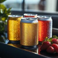 Three Refreshing Beverage Cans in a Chilled Fridge Ready for Enjoyment on a Hot Day photo