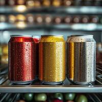 Three Refreshing Beverage Cans in a Chilled Fridge Ready for Enjoyment on a Hot Day photo