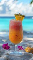 Vibrant Hurricane Glass of Multicolored Frozen Pineapple Drink on a Sunny Beach photo
