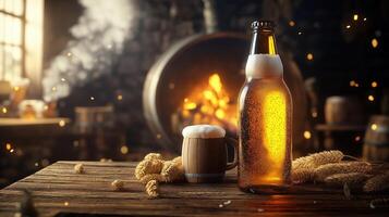 High-Resolution Beer Bottle with Rustic Barrel, Hops, and Wheat in Cozy Fireplace Setting photo