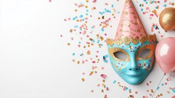 Colorful Party Mask with Confetti and Balloons on White Background - Festive Celebration Concept photo