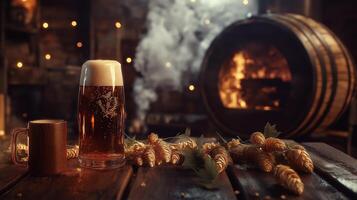 High-Resolution Beer Bottle with Rustic Barrel, Hops, and Wheat in Cozy Fireplace Setting photo