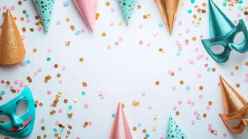 Colorful Party Decorations with Confetti, Hats, and Masks on White Background photo