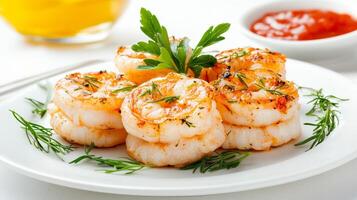 Elegant Dinner Concept with Grilled Shrimp Garnished with Fresh Herbs on a White Plate photo