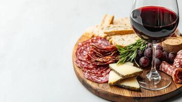 Elegant Dinner Concept with Charcuterie Board, Cheese, Bread, and Red Wine on Wooden Platter photo
