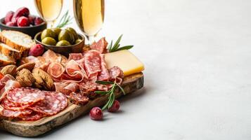 Elegant Dinner Concept with Charcuterie Board, Cheese, Olives, and Wine Glasses on Rustic Wooden Platter photo