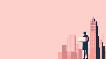 Illustration of Customer Journey Concept with Silhouette of Person Holding Package in Urban Cityscape Background photo