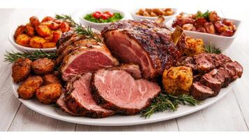 Delicious Dinner Spread with Roasted Meats and Vegetables on a White Wooden Table photo