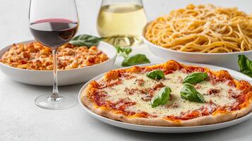 Delicious Italian Dinner with Pizza, Pasta, and Wine on a White Table Setting photo