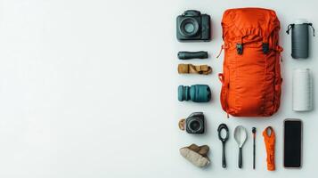 Essential Adventure Equipment for Camping and Climbing - Backpack, Camera, and Gear on White Background photo