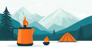 Adventure Equipment for Camping and Climbing in Scenic Mountain Landscape with Tent and Campfire photo