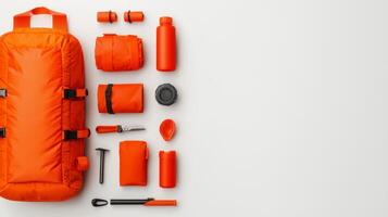 Essential Adventure Equipment for Camping and Climbing - Backpack, Water Bottle, Tools, and Accessories in Vibrant Orange photo