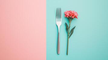 Elegant Dinner Concept with Fork and Flower on Pastel Background for Modern Dining and Culinary Themes photo