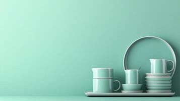 Elegant Dinnerware Set Against Minimalist Green Background for Modern Dining Concepts photo