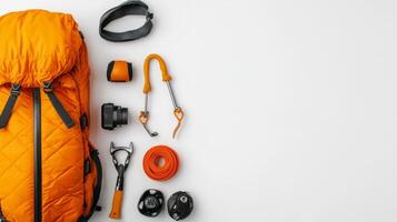 Essential Adventure Equipment for Camping and Climbing - Backpack, Camera, Climbing Gear, and Accessories photo