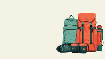 Essential Adventure Equipment for Camping and Climbing - Backpacks, Camera, and Water Bottle for Outdoor Enthusiasts photo