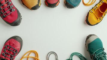 Colorful Adventure Equipment for Camping and Climbing with Boots and Ropes on White Background photo