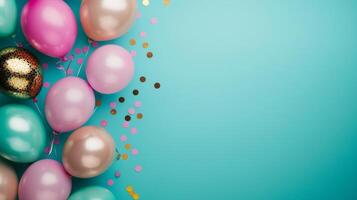 Colorful Party Balloons and Confetti on a Blue Background - Festive Celebration Concept photo