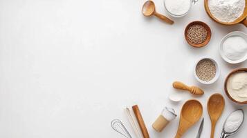 Various ingredients and spoons on a white background photo