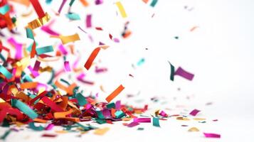 Vibrant Party Celebration with Colorful Confetti Falling Against a White Background photo