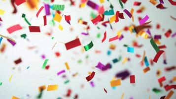 Colorful Confetti Falling Against White Background Capturing the Essence of Celebration and Festivity photo