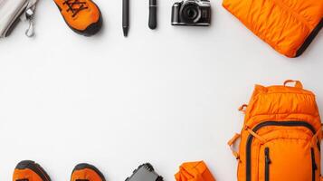 Essential Adventure Equipment for Camping and Climbing - Backpack, Boots, Camera, and Gear on White Background photo