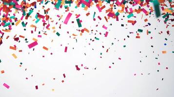 Colorful Confetti Falling Against a White Background Capturing the Joy and Celebration of a Festive Party Atmosphere photo