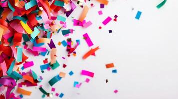 Colorful Confetti Explosion on White Background Perfect for Celebrations, Parties, and Festive Occasions photo