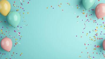 Colorful Party Balloons and Confetti on Light Blue Background with Copy Space photo