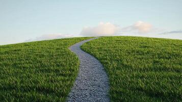 Serene Pathway Through Lush Green Hill Under a Clear Sky with Fluffy Clouds photo