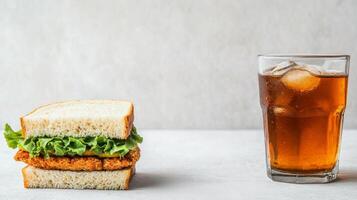 Delicious Chicken Sandwich with Lettuce and Iced Tea on a White Background - Perfect for Lunch Breaks photo