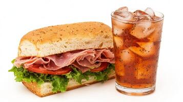 Delicious Ham Sandwich with Fresh Lettuce and Tomato Served with a Refreshing Glass of Iced Tea on a Lunch Break photo