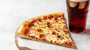 Delicious Pepperoni Pizza Slice with Refreshing Soda on a Wooden Board During Lunch Break photo