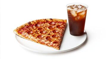 Delicious Pepperoni Pizza Slice with Iced Beverage on White Plate - Perfect Lunch Break Meal photo
